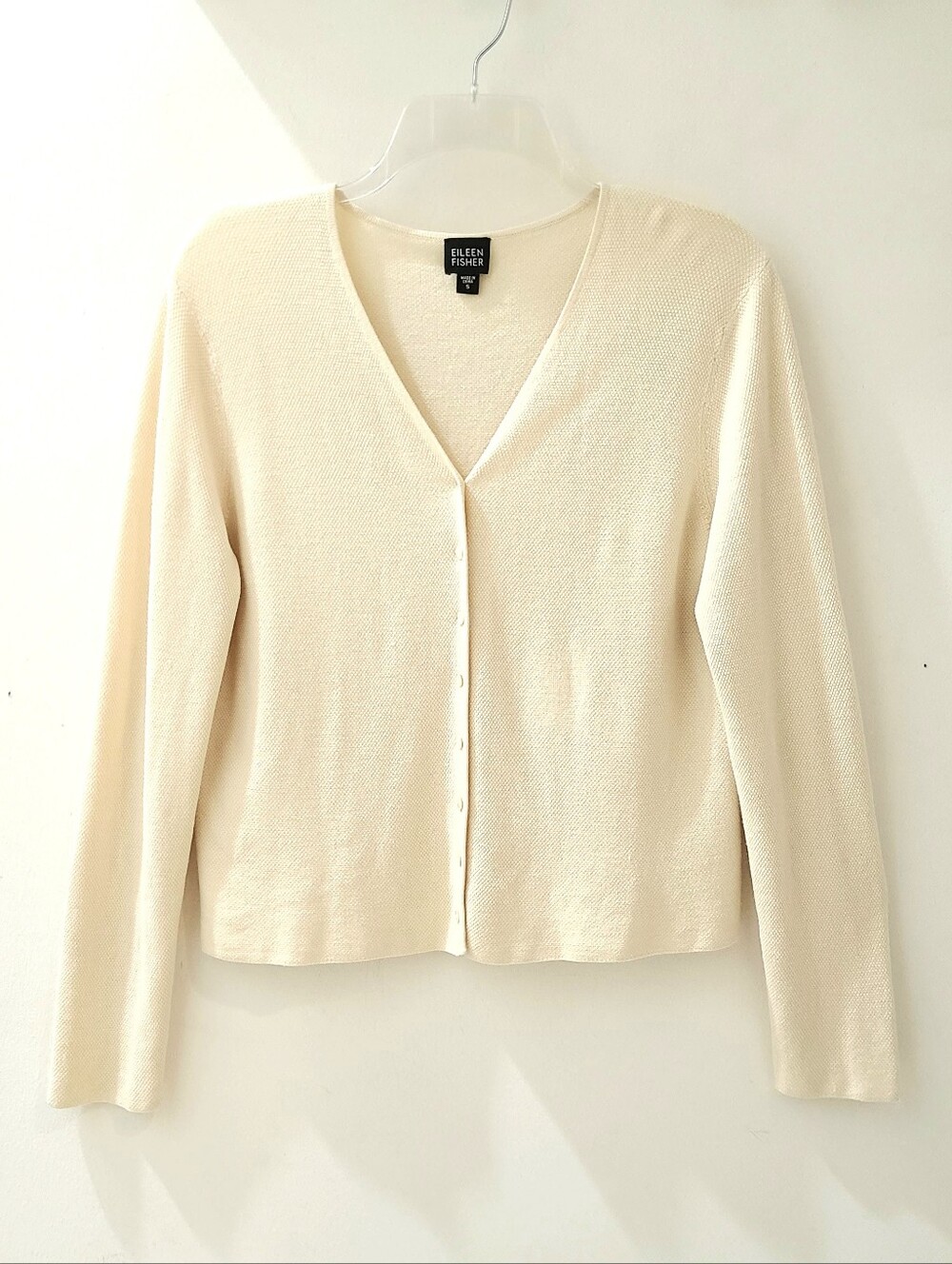 Eileen Fisher Textured Silk Blend Button Front Cardigan Deep Cream Sz S - Picture 3 of 11